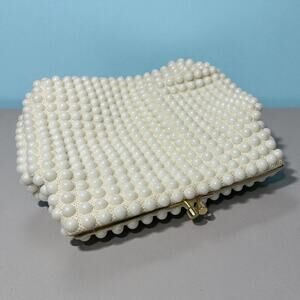 Vintage La Regale Beaded Clamshell Evening Bag White Faux Pearl Hobnail 1960s